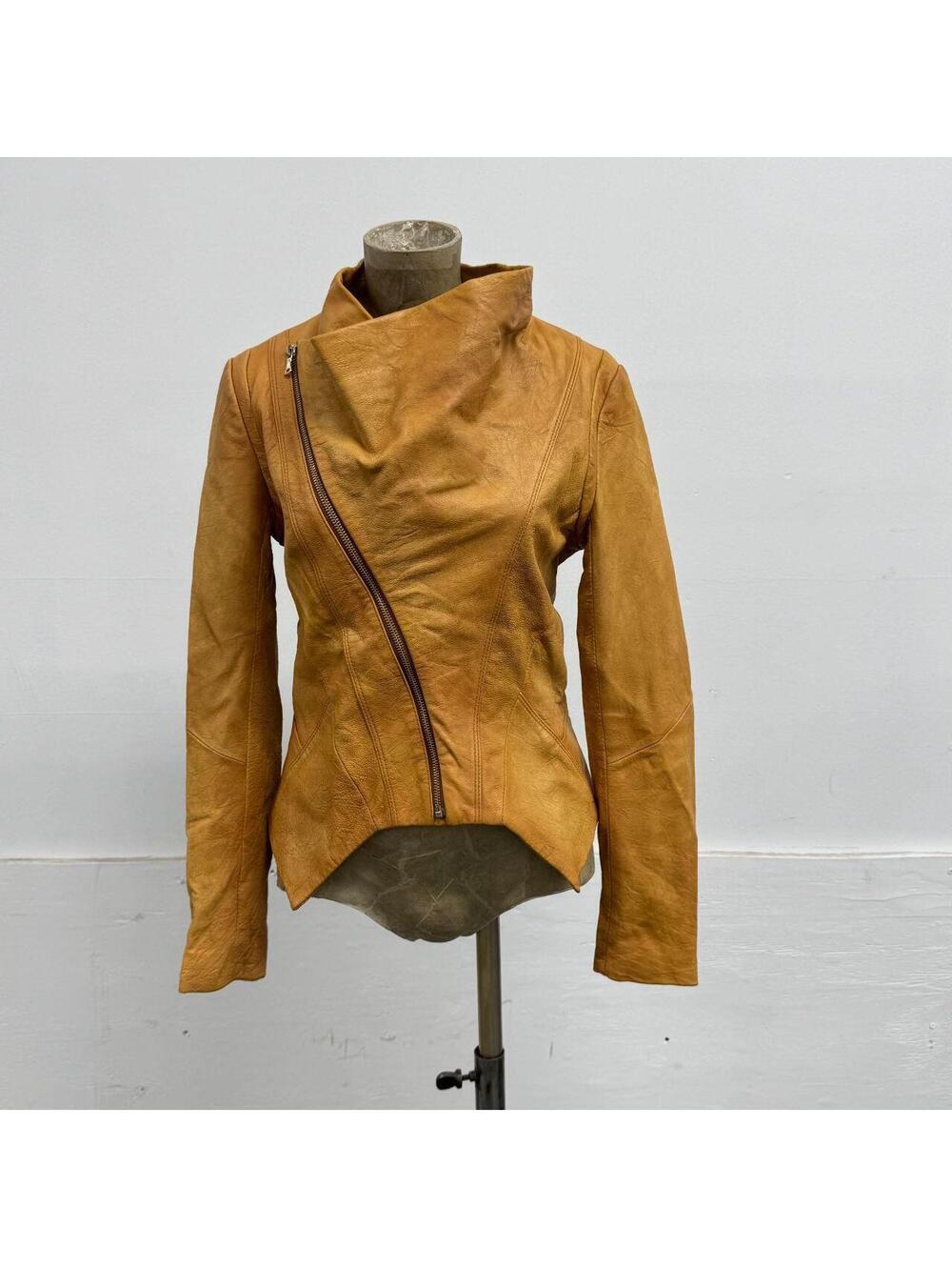 Vintage Tan Funnel Neck Asymmetric Avant Garde Leather Jacket - Picture 2 of 8
